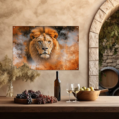 Leeuw in vurige storm kunstwerk tuinposter