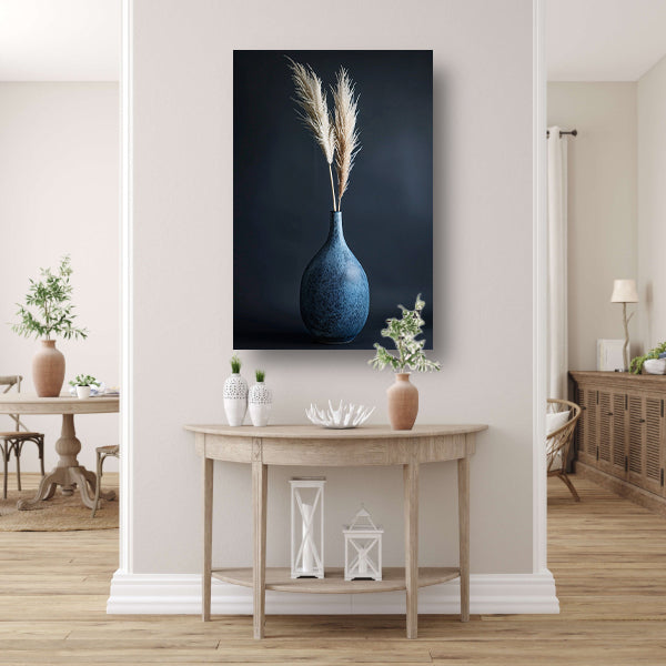Blauwe vaas met beige pampasgras in minimalistische stijl poster