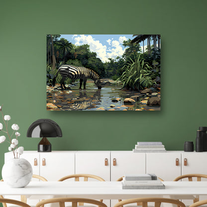 Zebra aan waterpoel in jungle canvas