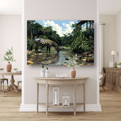 Zebra aan waterpoel in jungle canvas