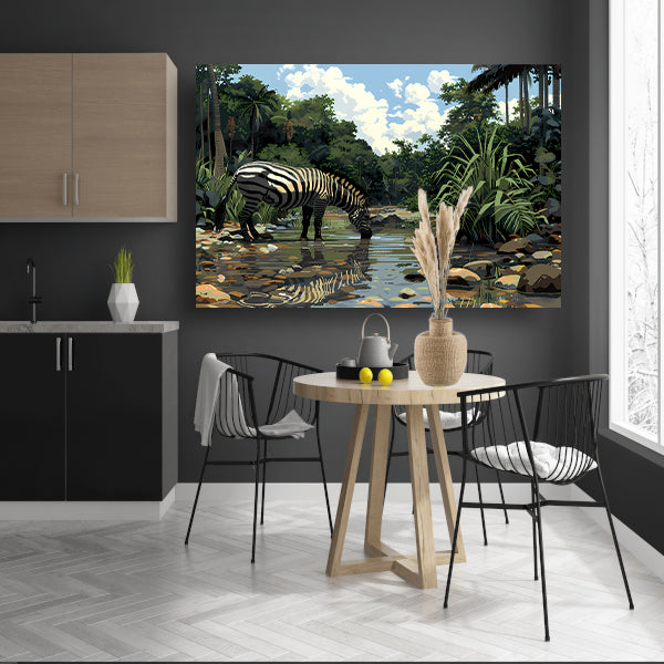 Zebra aan waterpoel in jungle canvas