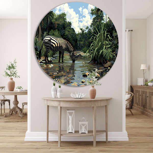Zebra aan waterpoel in jungle forex muurcirkel