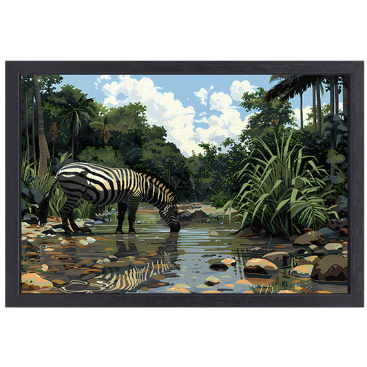 Zebra aan waterpoel in jungle canvas met baklijst