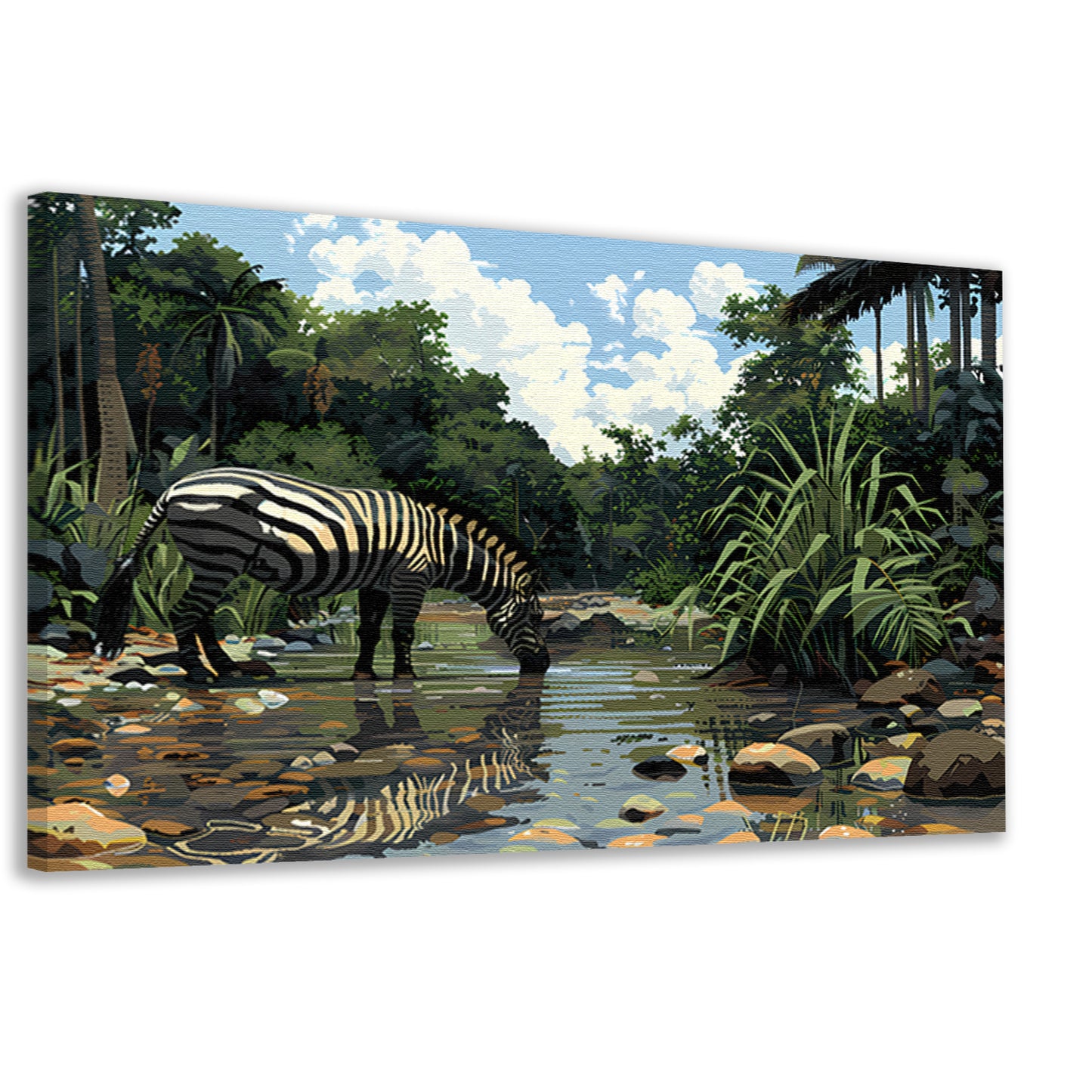 Zebra aan waterpoel in jungle canvas