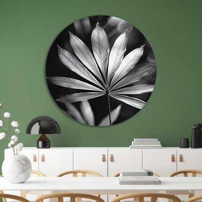 Zwart-Wit Minimalistisch Blad in Licht aluminium muurcirkel