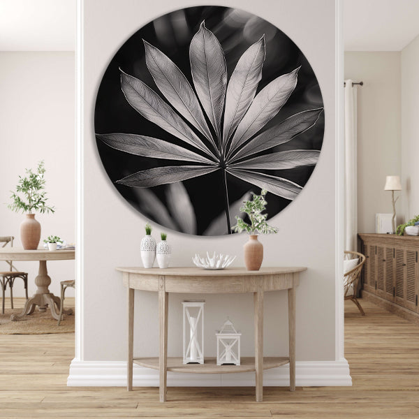 Zwart-Wit Minimalistisch Blad in Licht aluminium muurcirkel