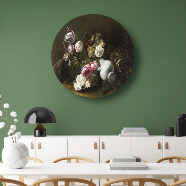 Stilleven met bloemen en een omgevallen kruik - Jan Fyt aluminium muurcirkel