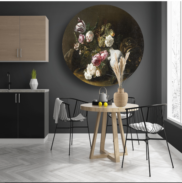Stilleven met bloemen en een omgevallen kruik - Jan Fyt aluminium muurcirkel