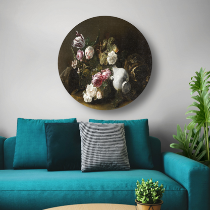 Stilleven met bloemen en een omgevallen kruik - Jan Fyt aluminium muurcirkel