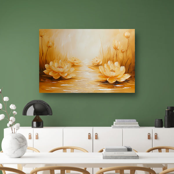 Gouden waterlelies in serene omgeving canvas met baklijst