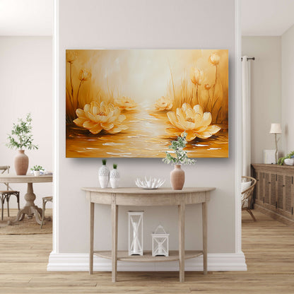 Gouden waterlelies in serene omgeving canvas met baklijst