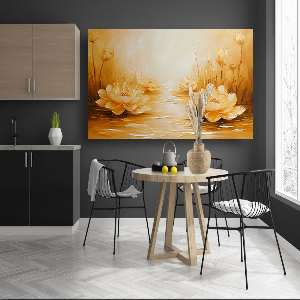 Gouden waterlelies in serene omgeving canvas met baklijst