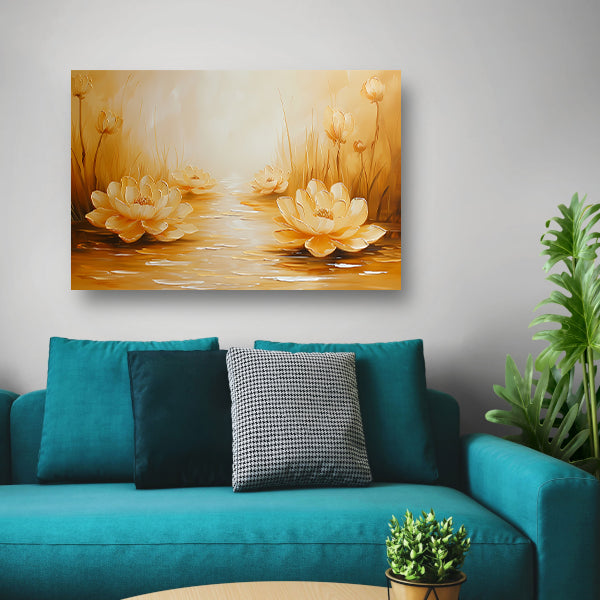 Gouden waterlelies in serene omgeving canvas met baklijst