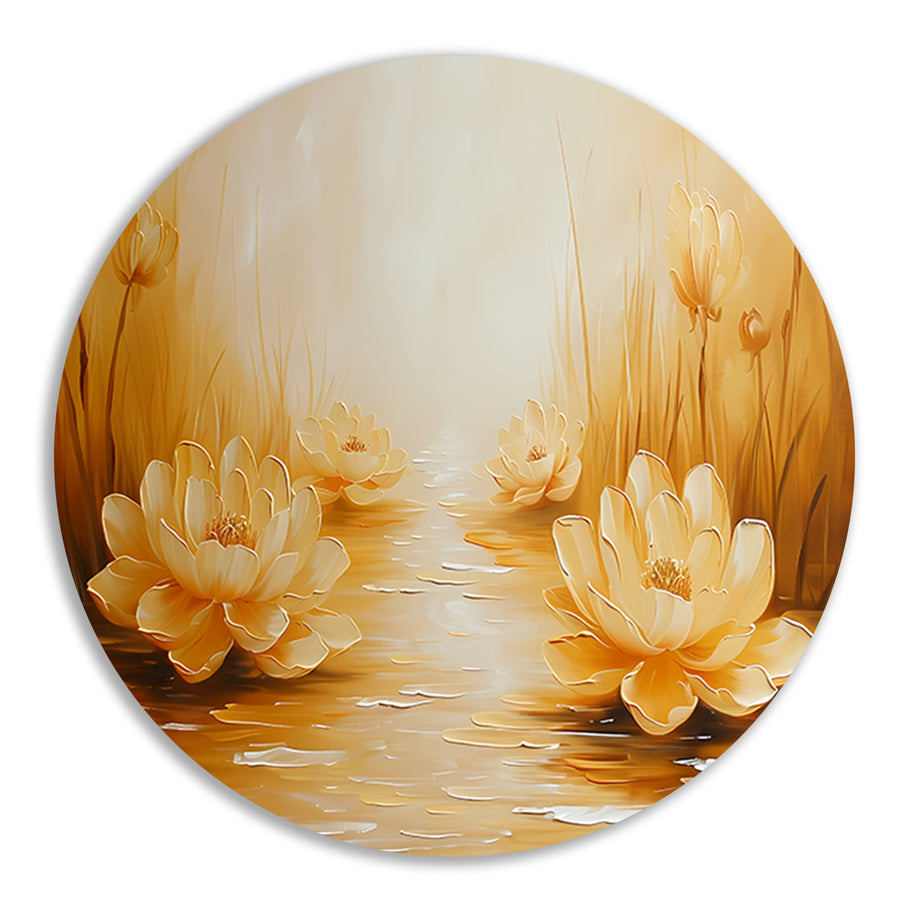 Gouden waterlelies in serene omgeving aluminium muurcirkel