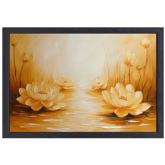 Gouden waterlelies in serene omgeving canvas met baklijst