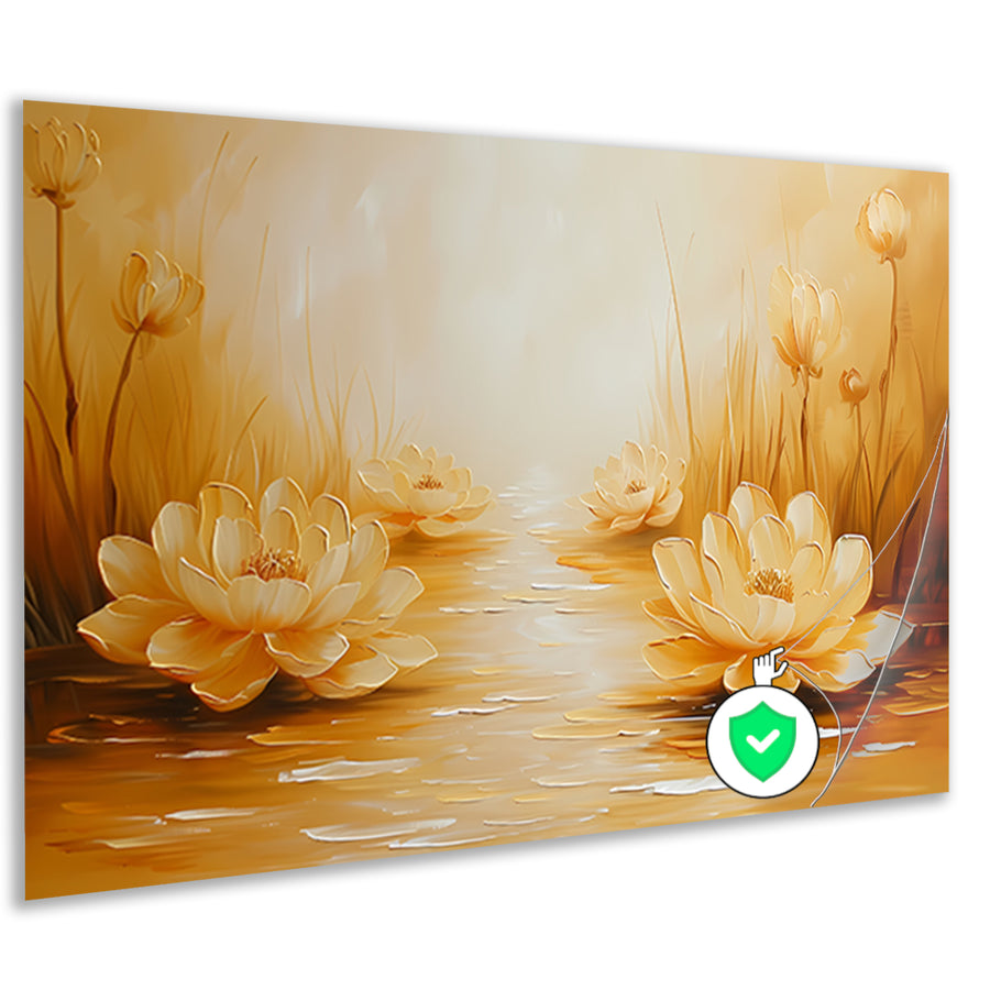 Gouden waterlelies in serene omgeving poster