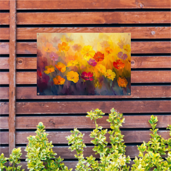 Vrolijk bloemenveld met felle kleuren tuinposter