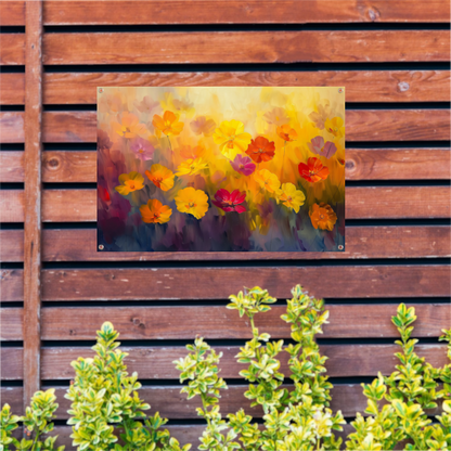 Vrolijk bloemenveld met felle kleuren tuinposter