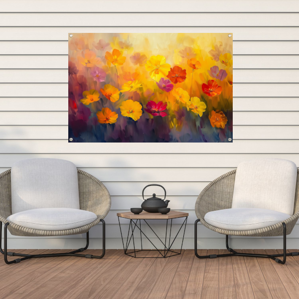 Vrolijk bloemenveld met felle kleuren tuinposter