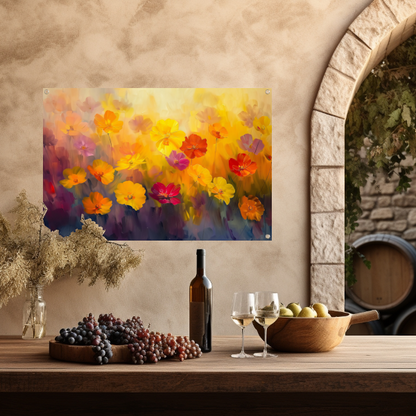 Vrolijk bloemenveld met felle kleuren tuinposter
