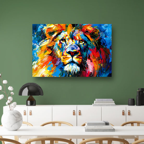 Kleurrijk abstract leeuw schilderij voor interieur canvas met baklijst