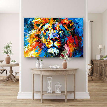 Kleurrijk abstract leeuw schilderij voor interieur canvas met baklijst