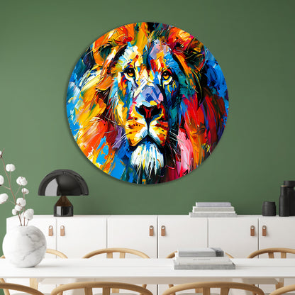 Kleurrijk abstract leeuw schilderij voor interieur aluminium muurcirkel