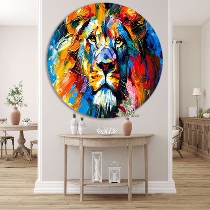 Kleurrijk abstract leeuw schilderij voor interieur aluminium muurcirkel