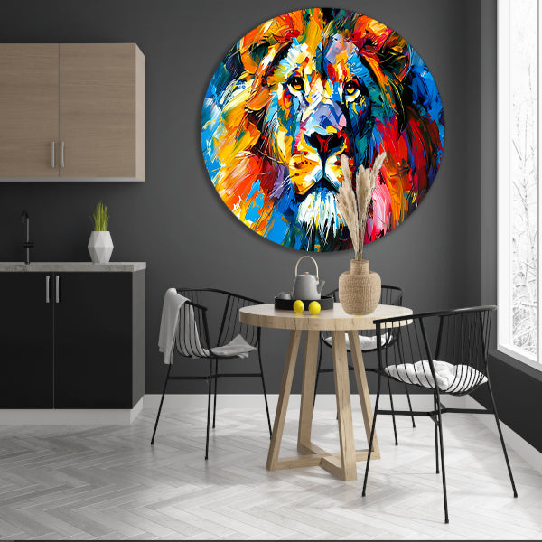 Kleurrijk abstract leeuw schilderij voor interieur aluminium muurcirkel