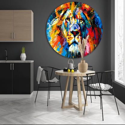Kleurrijk abstract leeuw schilderij voor interieur aluminium muurcirkel
