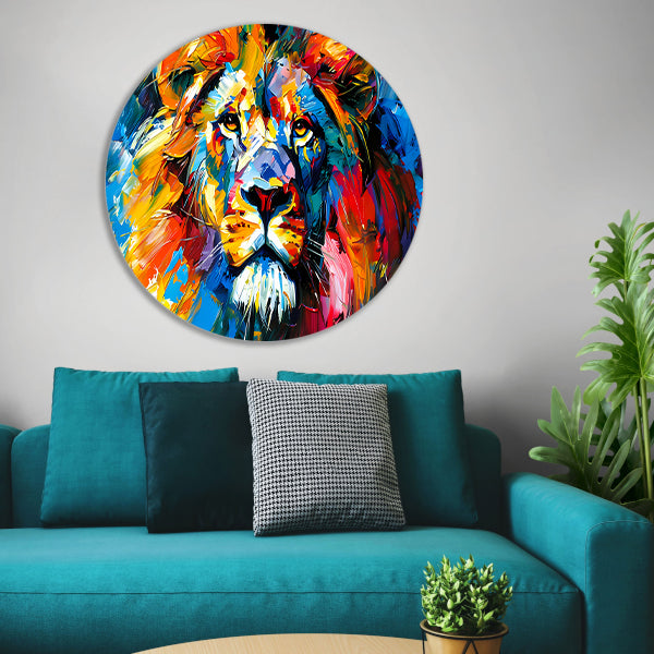 Kleurrijk abstract leeuw schilderij voor interieur aluminium muurcirkel