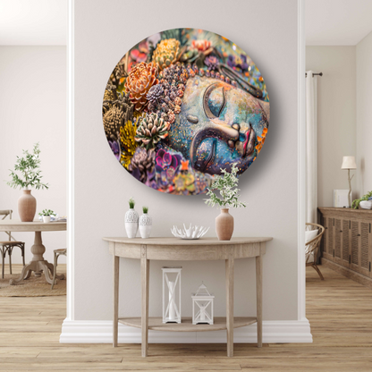 Boeddha in Bloemenpracht aluminium muurcirkel