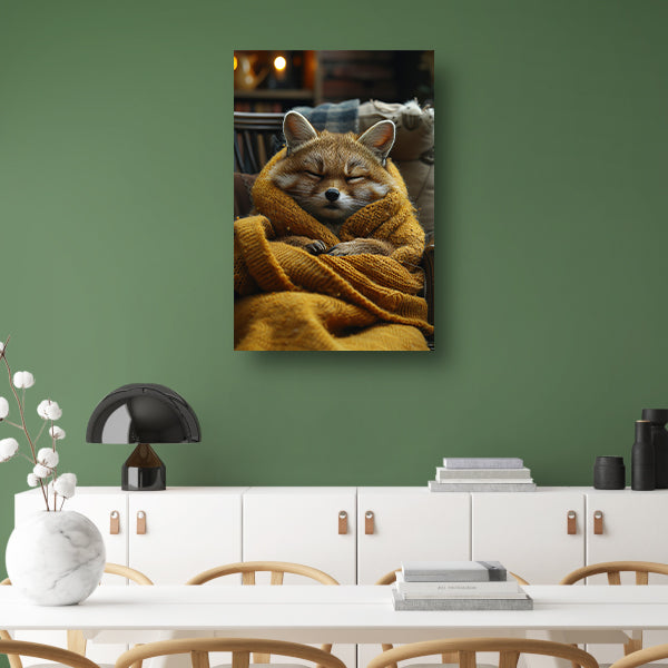 Vos knus in deken op stoel canvas