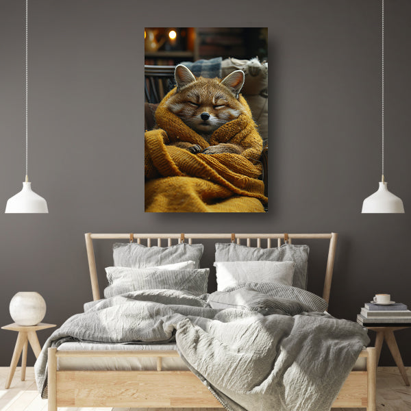Vos knus in deken op stoel canvas