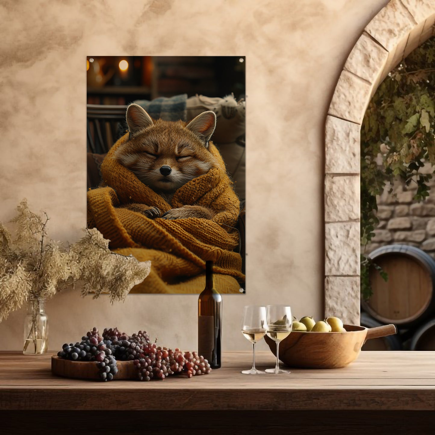 Vos knus in deken op stoel tuinposter