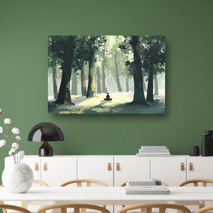 Meditatie in het bos bij zonsopgang poster