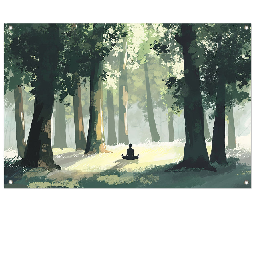 Meditatie in het bos bij zonsopgang tuinposter