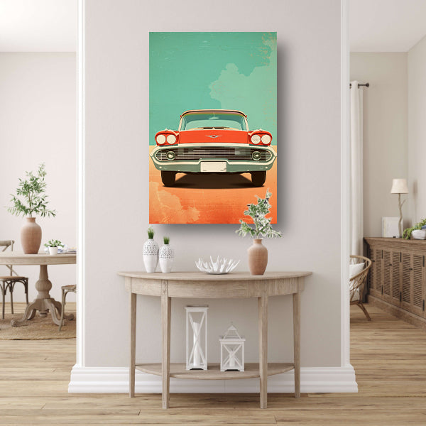 Rode Klassieke Auto op Blauwe Achtergrond canvas