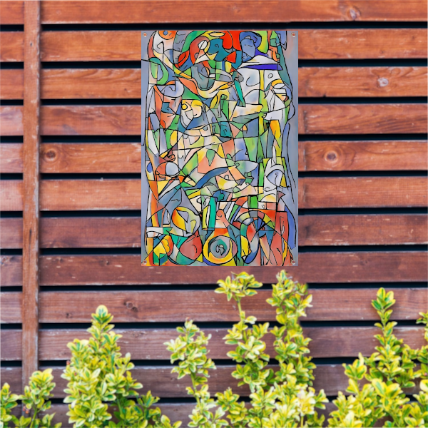 Abstracte kleurrijke figuren en vormen schilderij tuinposter