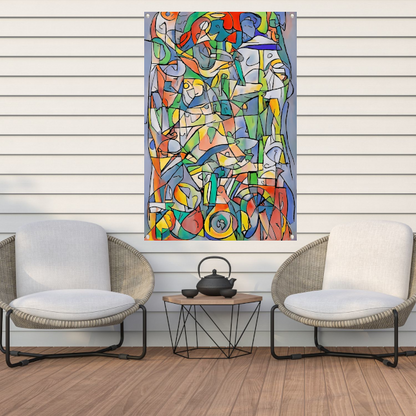 Abstracte kleurrijke figuren en vormen schilderij tuinposter
