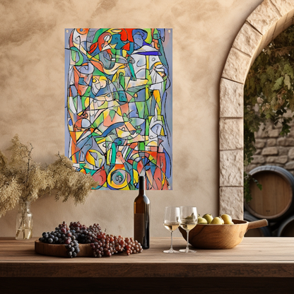 Abstracte kleurrijke figuren en vormen schilderij tuinposter