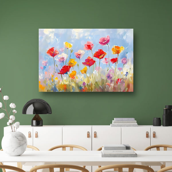 Kleurrijk abstract bloemenveld schilderij canvas met baklijst