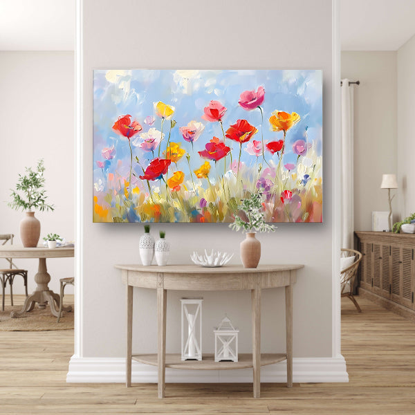 Kleurrijk abstract bloemenveld schilderij canvas met baklijst