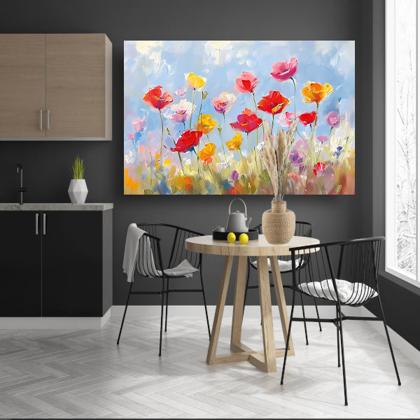 Kleurrijk abstract bloemenveld schilderij canvas met baklijst