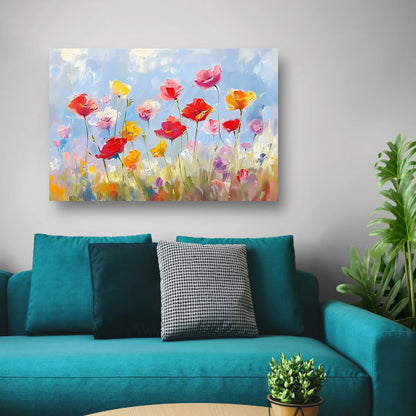 Kleurrijk abstract bloemenveld schilderij canvas met baklijst