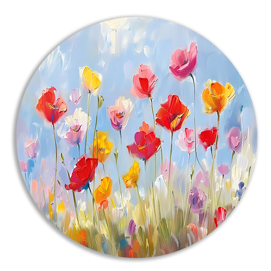 Kleurrijk abstract bloemenveld schilderij aluminium muurcirkel