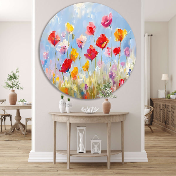 Kleurrijk abstract bloemenveld schilderij forex muurcirkel