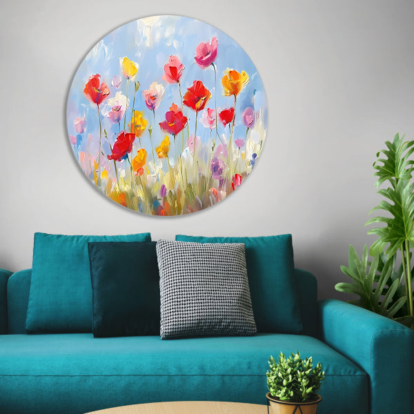 Kleurrijk abstract bloemenveld schilderij forex muurcirkel