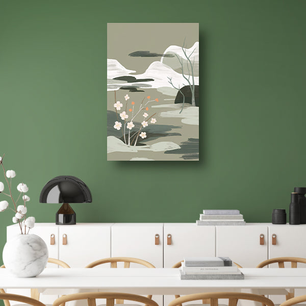 Minimalistisch schilderij met bloesems en bergen canvas