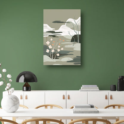 Minimalistisch schilderij met bloesems en bergen poster